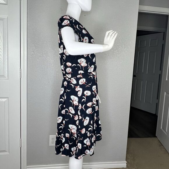 J Crew Size 14 Navy Blue Floral Print Ruffle Faux Wrap Dress Casual - Picture 5 of 7
